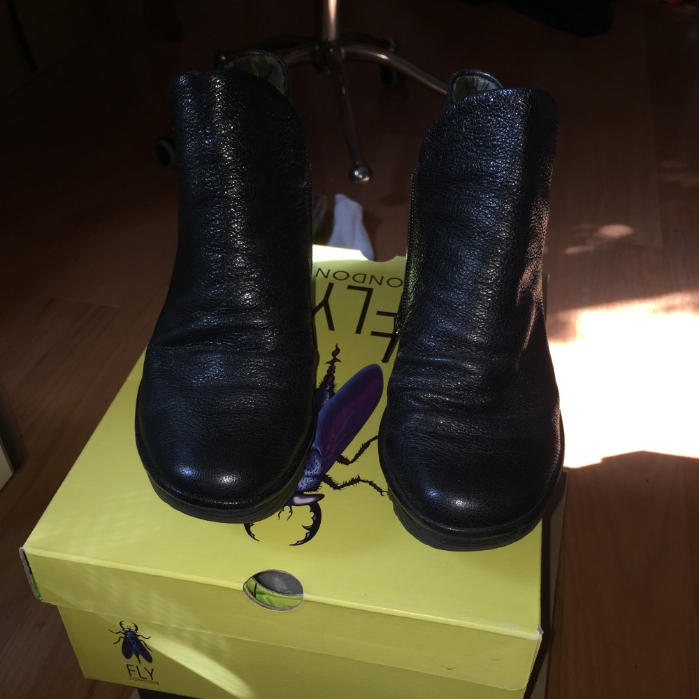 Fly London Mousse Black Leather Wedge Bootie